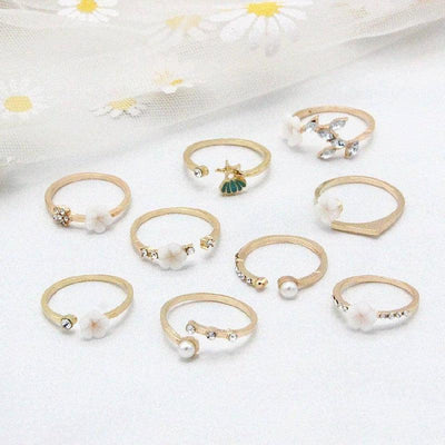 Bohemian Flower Pearl And Diamond 9-piece Ring Joint Ring-4