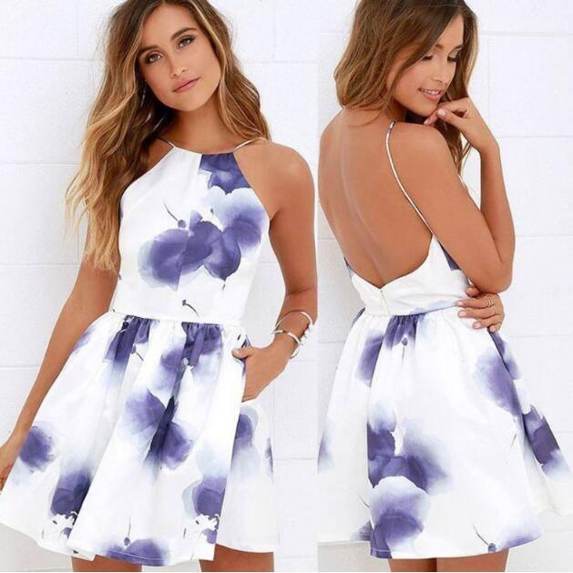 Boho Sling Backless Waist Mini Dress-Print-1