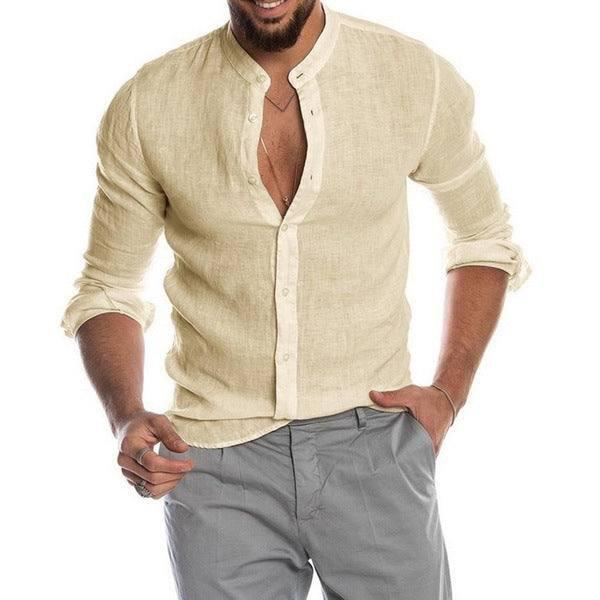 Cardigan Stand Collar Long Sleeve Shirt Men's Clothing-Khaki-7