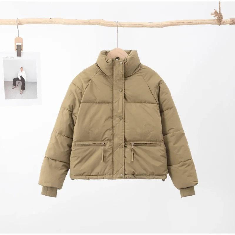 Casual Short Winter Jacket Women Stand Collar Zipper High-Khaki-7