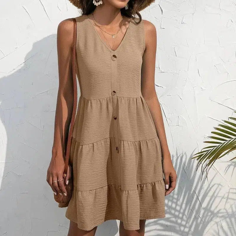 Casual V-Neck Embellished Button Sleeveless Tank Dress-Khaki-5