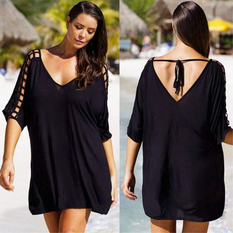 Summer Plus Size M to 3XL Cover Up Women Swimwear Beach Blouses Women Bikini Beach Wear Cover-Up Black Dress-1