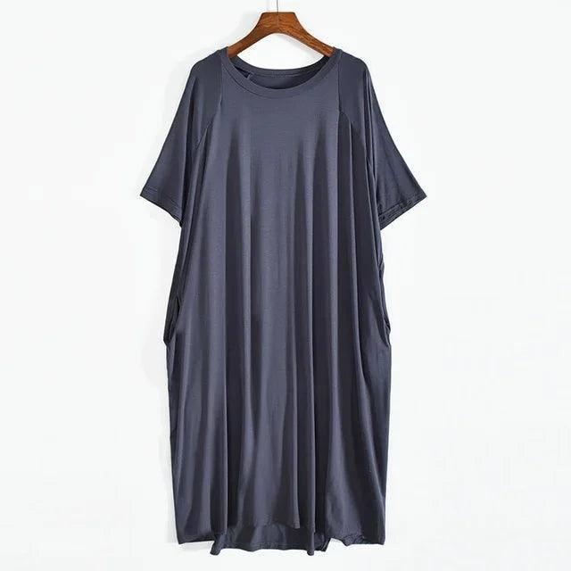 Plus Size 8XL 150kg Women Summer Modal Long Dress O Neck Short Sleeve Soft Comfortable Dresses Ladies Casual Large Home Dress-GRAY-9