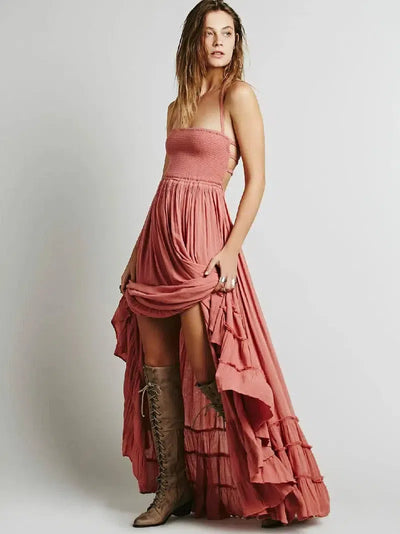 BellFlower Bohemian Ankle-Length Dress - A Summer Staple with Effortless Elegance!-Pink-12