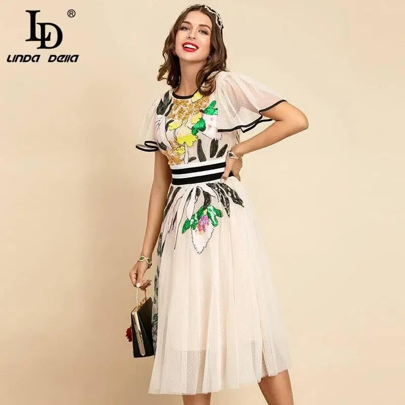 LD LINDA DELLA New 2021 Women Summer Fashion Runway Midi Dress Butterfly Sleeve Sequined Embroidery Ladies Slim A-Line Dresses-MULTI-6