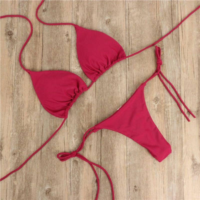 Halter Neck Tie-Up Swimwear Set-Wine Red-3