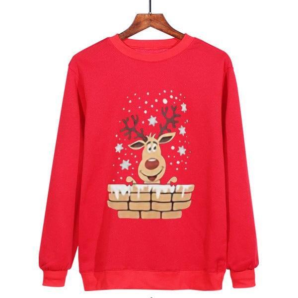 Christmas Antlers Cute Print Crew Neck Sweater-Red1-12