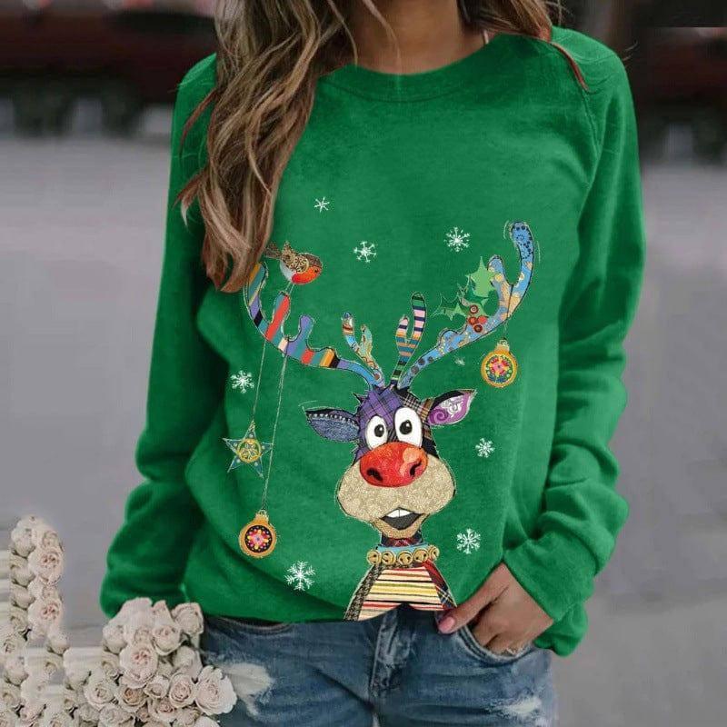 Christmas Pattern Printing Long Sleeve Crew Neck Sweater-Green-9