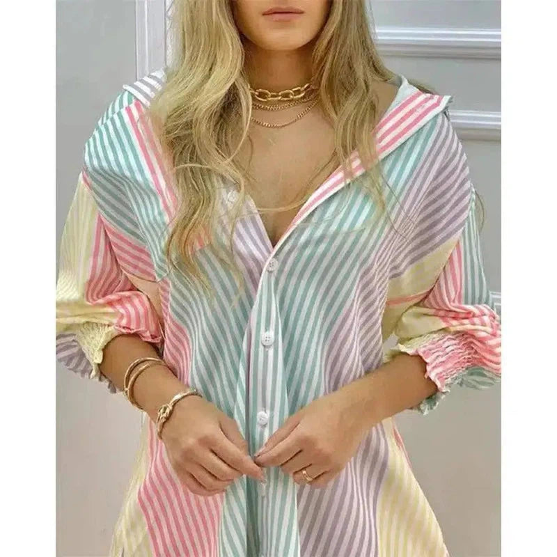 Colorful Striped Long Sleeve V Neck Shirt Dress-Colorful-2