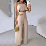 Cross-border Solid Color Sling Top Casual Hollow-out Trousers Suit-1