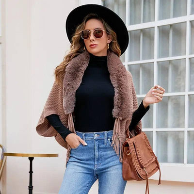 Drizzling Fur Collar Knitted Tassel Cape Coat Women-1