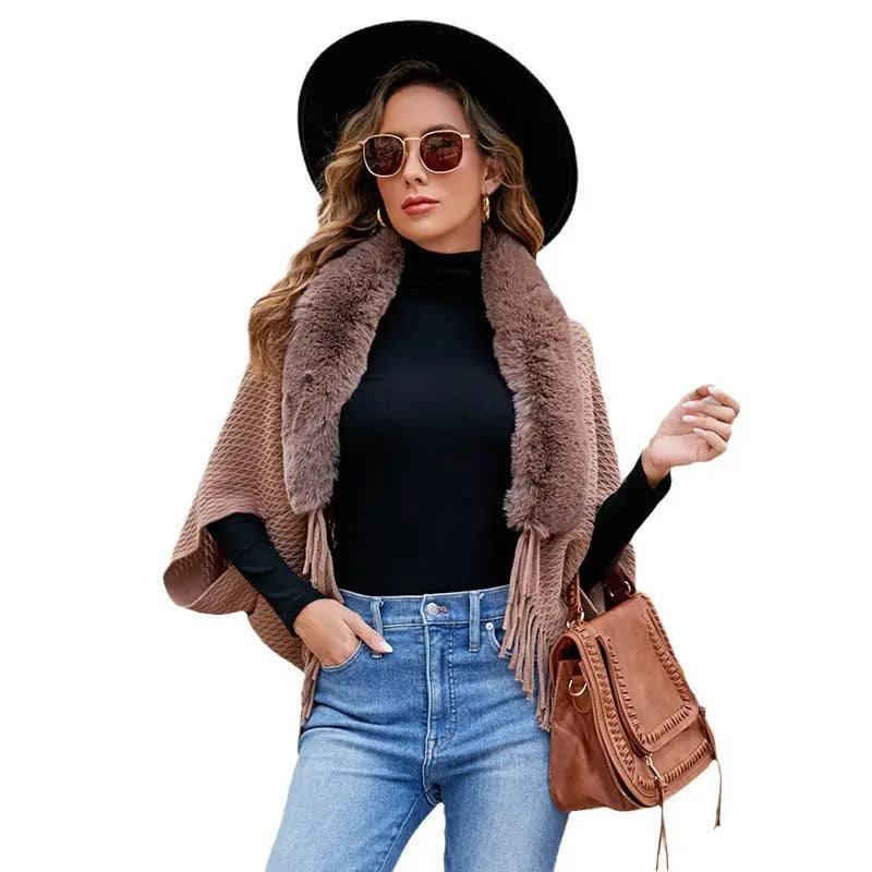 Drizzling Fur Collar Knitted Tassel Cape Coat Women-2