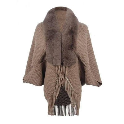 Drizzling Fur Collar Knitted Tassel Cape Coat Women-Khaki-7