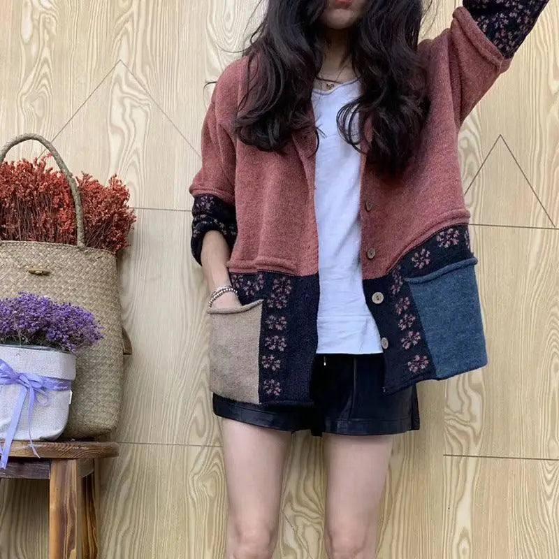 Early Autumn Jacquard Knitted Cardigan Women's Coat-Red-5