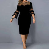 Elegant Mesh Sleeve Midi Dress for Women-black-5