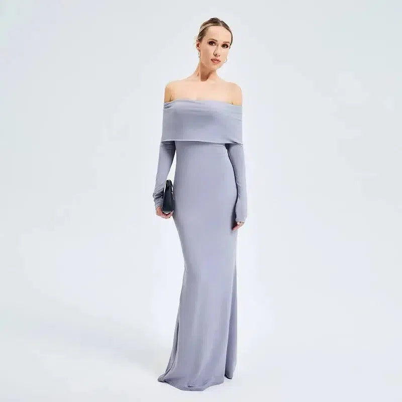 Elegant Off-shoulder Long-sleeved Long Dress-4