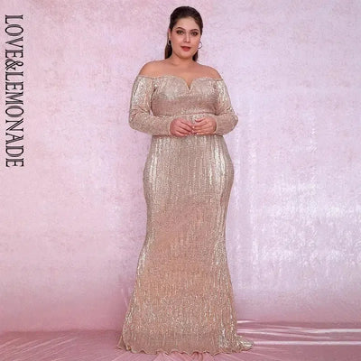 LOVE&LEMONADE Plus Size Rose Gold Deep V-Neck Off-The-Shoulder Bodycon Elastic Sequins Maxi Dress LM80273PLUS-GOLD-8