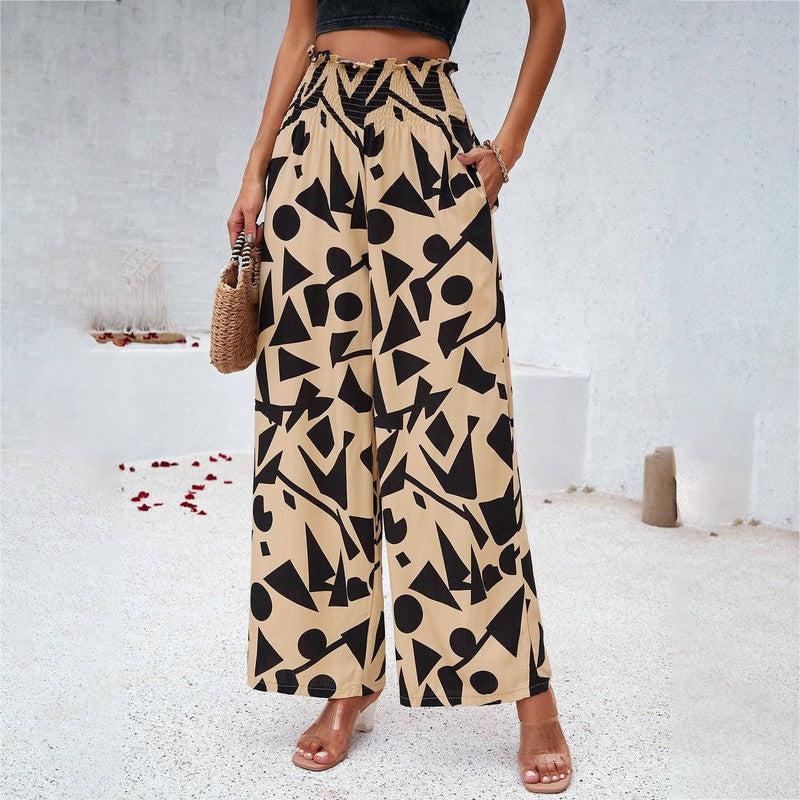 Elegant Printed Trousers Summer Loose Elastic High Waist Green / XL-Yellow-3