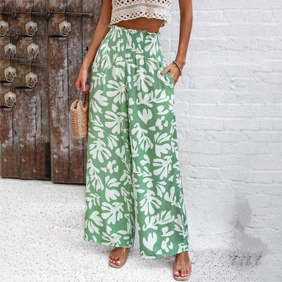 Elegant Printed Trousers Summer Loose Elastic High Waist Green / XL-Green-5