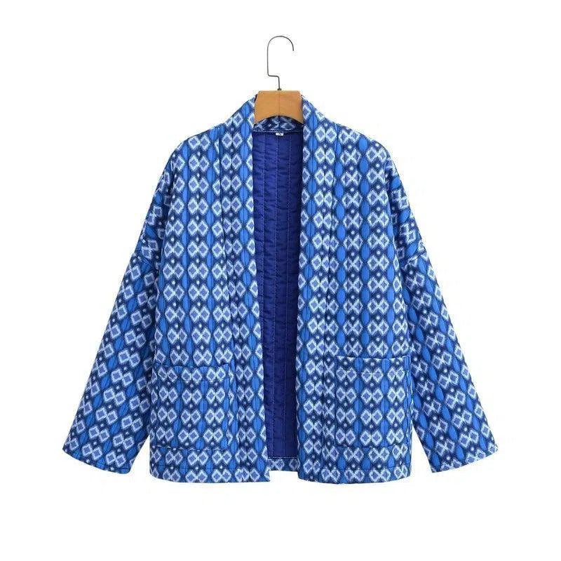 Elegant Printed Women's Cotton-padded Clothing Coat-Floral Jacket Blue-6