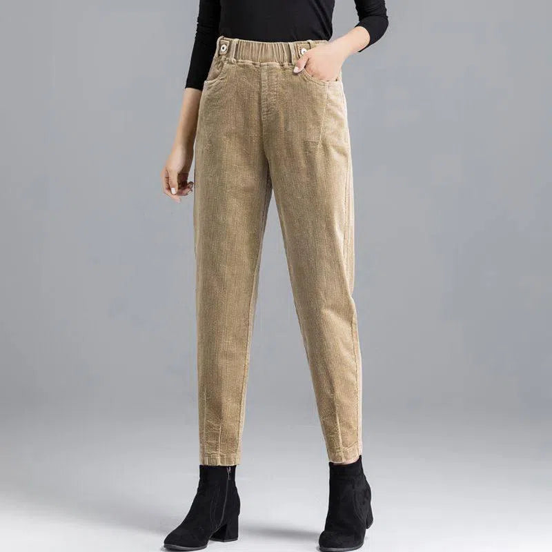 Elegant Striped Pants Tapered Corduroy Women-Khaki Regular Single-1