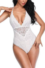 Lingerie Black Lace Up Women's One Piece-White-2