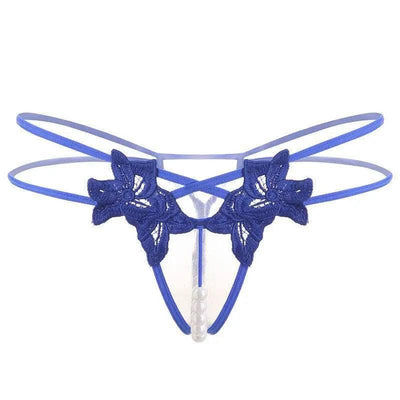 Lingerie Embroidered Women's Thong-Blue-1