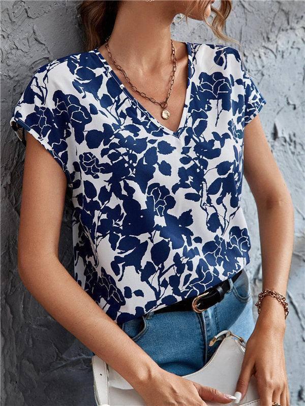 European And American Fashion V-neck Short Sleeve Printed-Purplish Blue-6