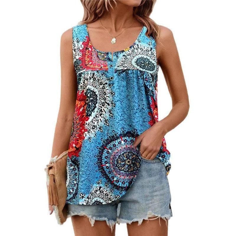 European And American Printed Round Neck Button Sleeveless Vest-Blue-7