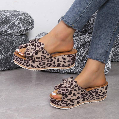 Fashion Bow Leopard Print Wedge Slippers For Women New-3