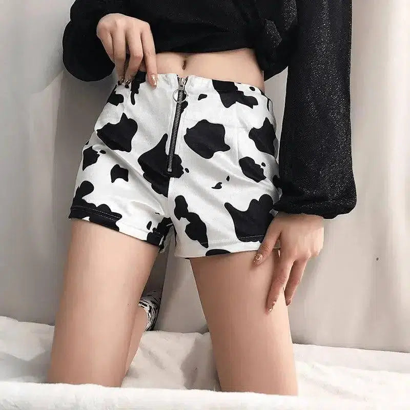 Fashion cow print slim zipper shorts women's casual pants-White-7