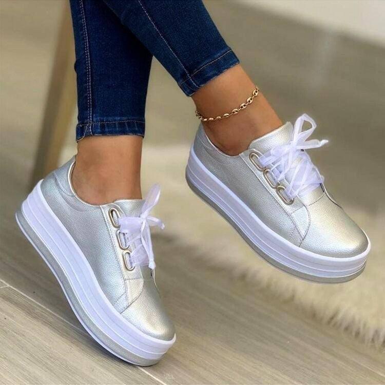 Fashion Flats Sneakers Women Ribbon Lace-up Platform Shoes-Silver-3