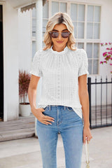 New Fashion Lacework Round Neck Top Summer Puff Sleeves Hollow Design Loose Pleated T-shirt For Womens Clothing-White-4