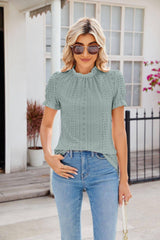 New Fashion Lacework Round Neck Top Summer Puff Sleeves Hollow Design Loose Pleated T-shirt For Womens Clothing-Green-6