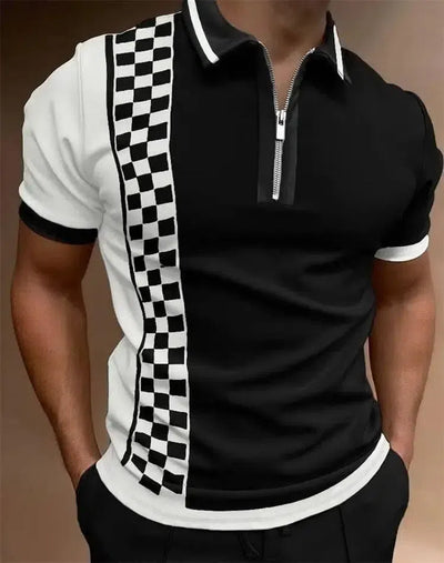 Fashion Loose Lapel Casual Print T-Shirt Zipper POLO Shirt-Black2-1