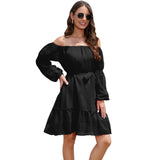 Fashion One-shoulder Long Sleeve Dress For Women Tie Waist-Black-5