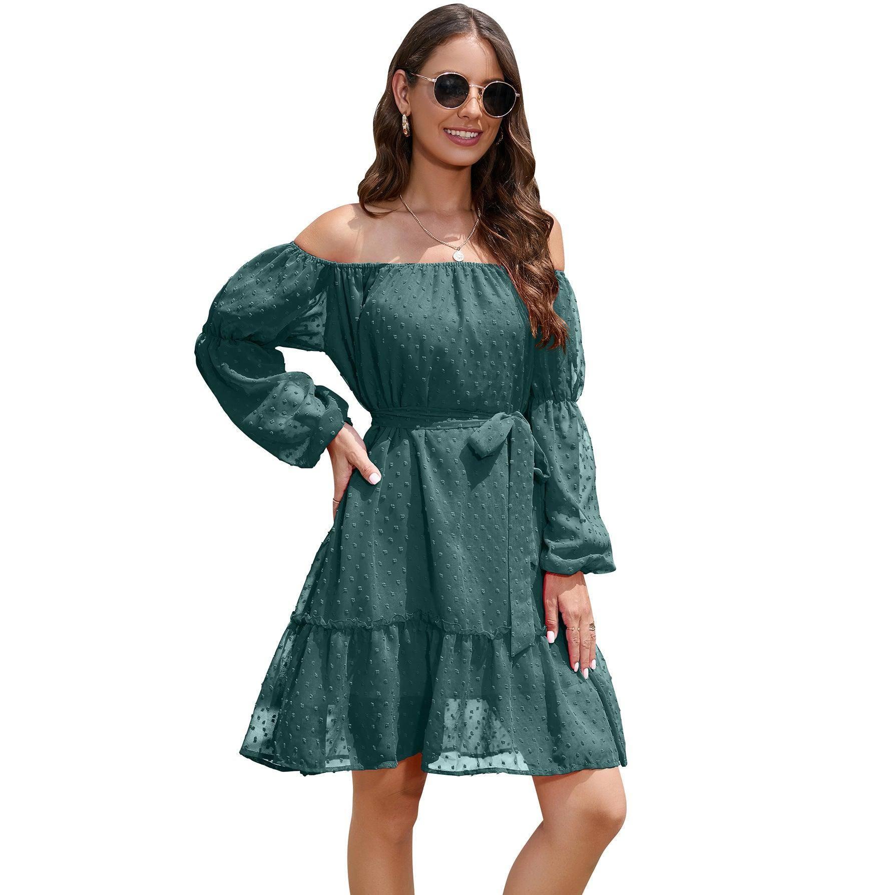 Fashion One-shoulder Long Sleeve Dress For Women Tie Waist-Dark Green-7