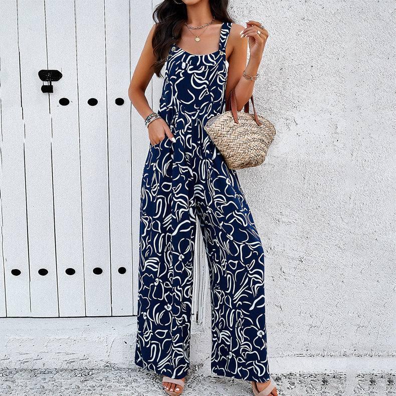 Fashion Print Square Neck Jumpsuit With Pockets Spring-Navy Blue-4