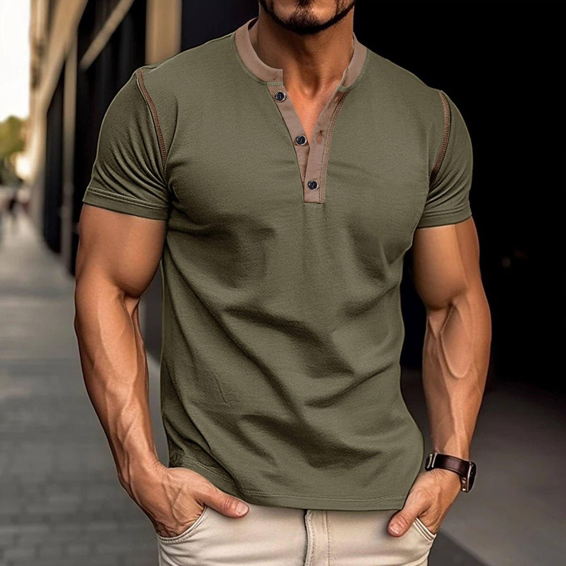 Fashion Short-sleeved Polo Shirt Summer Button V-neck-Army Green-7