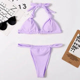 Fashion Solid Color Bikini Ladies Multi-Color Split Swimsuit-Purple-6