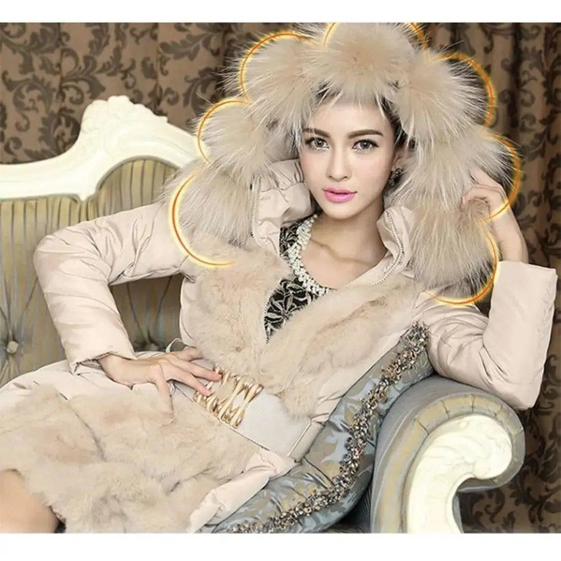 Fashionable Women's Luxury Style Winter Warm Leather Collar-Beige-2