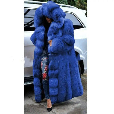 Faux Fur Coat Women Long Hooded Fur Coat-Blue-5