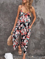 Flowers Print Suspender Jumpsuit With Pockets Spring Summer-Red-3