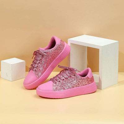 Glitter Sequin Design Flats Shoes Women Trendy Casual Thick-soled Lace-up Sneakers Fashion Skateboard Shoes-Pink-9