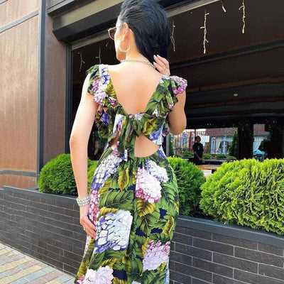 Green Floral Sleeveless Backless Dress-4