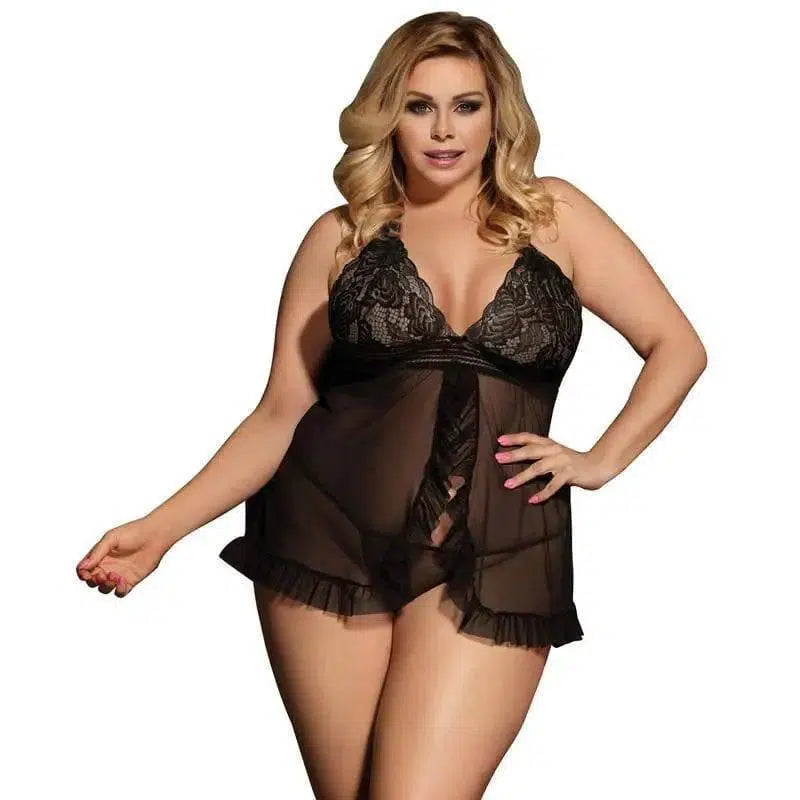 Halter Sheer Mesh Lace Costume Sexy Lingerie-Black-2