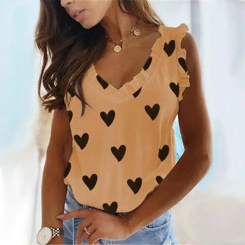 Heart Print V-Neck Ruffled Pleated T-Shirt Top-Khaki-4