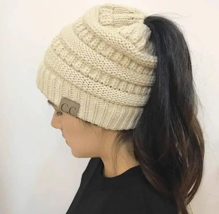 High Bun Ponytail Beanie Hat Chunky Soft Stretch Cable Knit-Beige-14