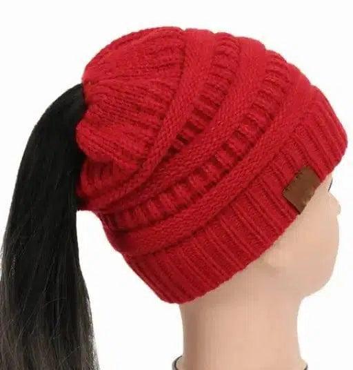 High Bun Ponytail Beanie Hat Chunky Soft Stretch Cable Knit-Watermelon-25