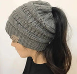 High Bun Ponytail Beanie Hat Chunky Soft Stretch Cable Knit-Gray-28